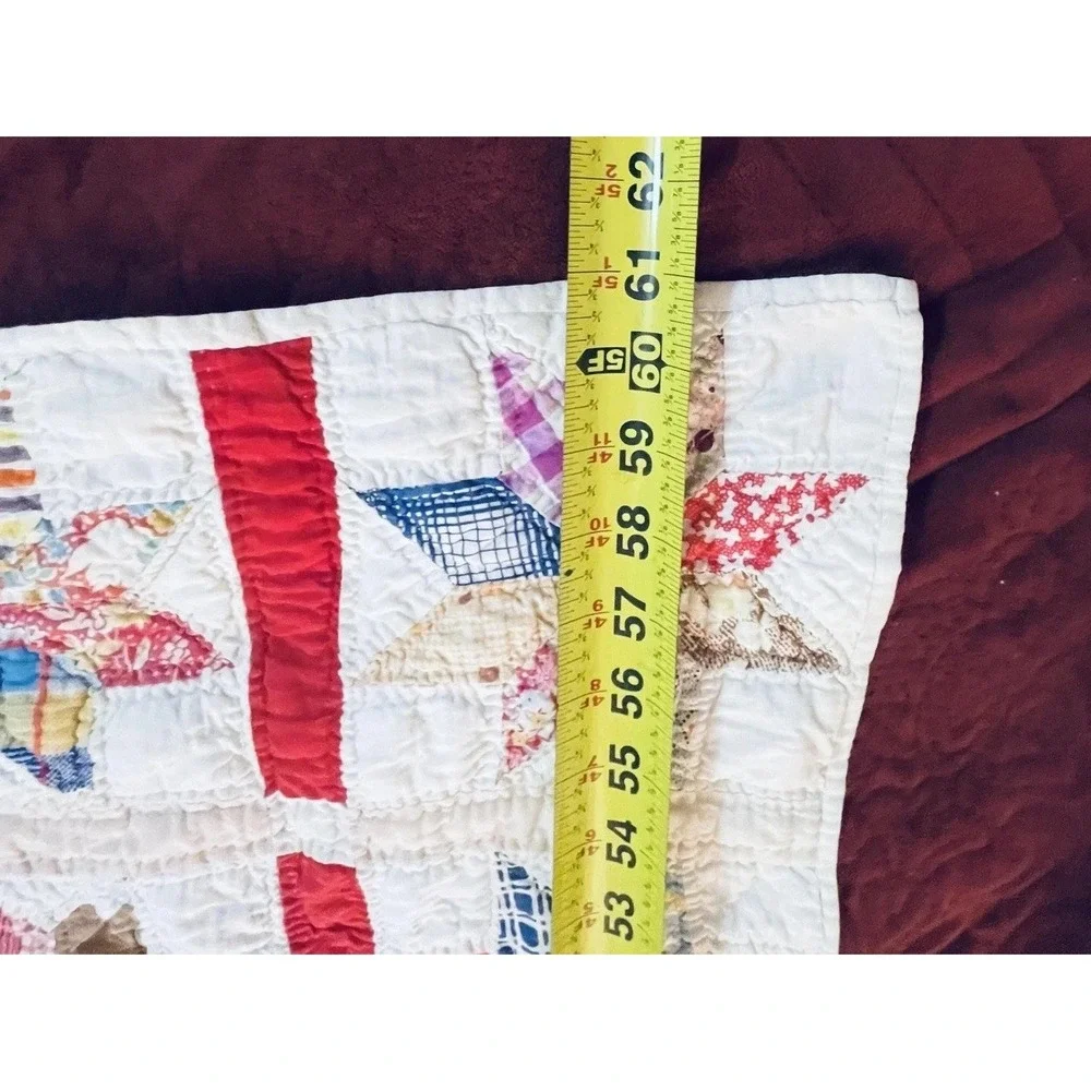 READ Vintage Handmade Star‎ Patchwork Quilt 59x79 Red White Multicolor Cotton